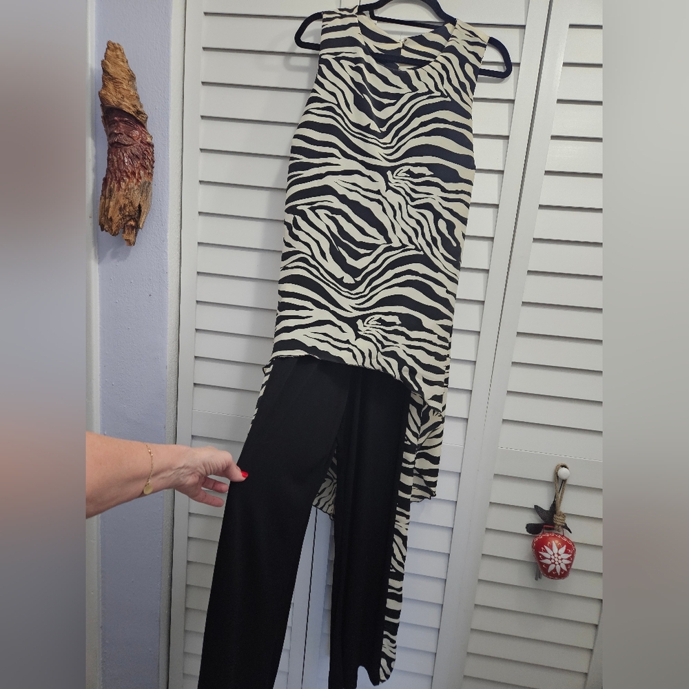 Julian Chang Zebra Print Sleeveless Jumpsuit With attached Tunic.